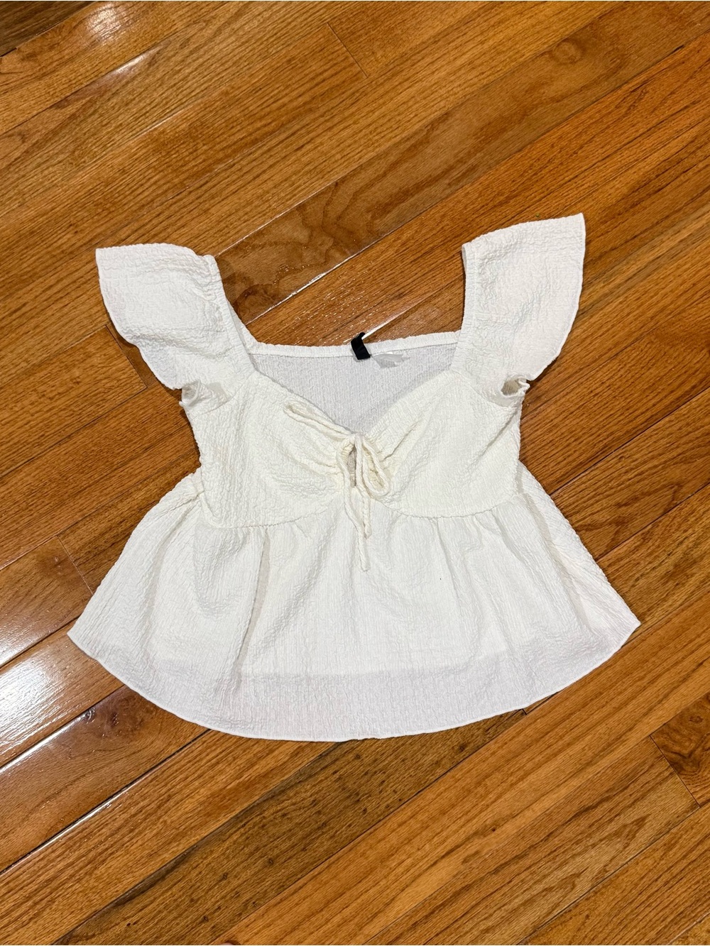 Divided Cream Tie-Front Peplum Top with Flutter Sleeves